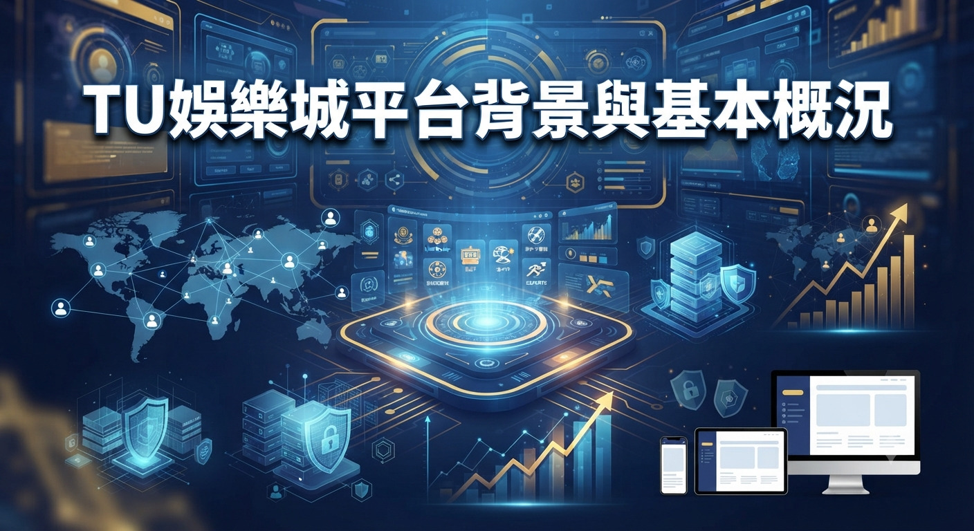 圖片展示了「TU娛樂城平台背景與基本概況」的主題,背景融合了科技感十足的數位介面、世界地圖與數據圖表。 整體設計呈現現代化與資訊化的視覺風格,突顯平台的基本架構與概況。