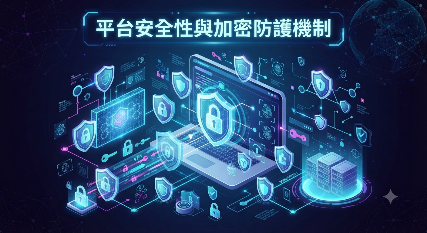 圖片以科技感的藍紫光為主調,呈現出筆電、伺服器與各種防護盾牌、密碼鎖等加密元素。 畫面正上方清晰標示著繁體中文標題「平台安全性與加密防護機制」。
